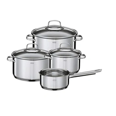 Abbildung von RÖSLE ELEGANCE Topfset 4 tlg., 3 hochwertige Töpfe und 1 Stielkasserolle im Set, Edelstahl 18/10, mit Glasdeckel Innenskalierung, Induktions Spülmaschineneignung