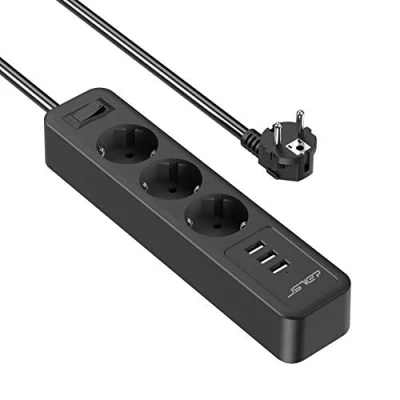 Abbildung von JSVER Steckdosenleiste USB,Steckdosenadapter 3 Fach mit USB Ladeanschlüsse Mehrfachsteckdose Wandmontage (3680W) 2M Kabel für Smartphones Tablets Schwarz