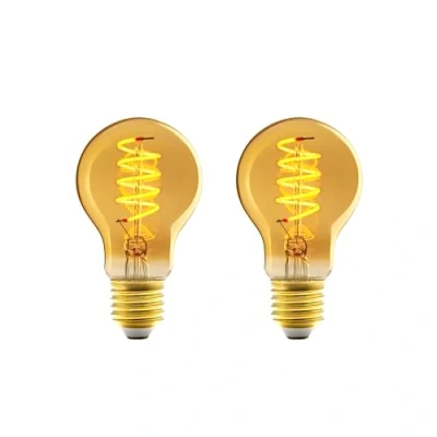Abbildung von Amazon Basics Vintage LED Birne, E27, antiker Stil, Retro Bernsteinglas, A60, 4 W (entspricht 25 W), 1800 K, ultrawarmes Licht zur Dekoration, 2 Stück