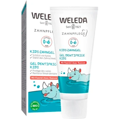 Abbildung von WELEDA Bio Kids Zahngel mit Fluorid Naturkosmetik Zahnpasta für Babys &amp; Kinder bis 6 Jahren. Natürliche Zahnpflege Gel schützt vor Karies fördert die Härtung des Zahnschmelzes (vegan, 1x 50ml)