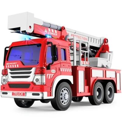 Abbildung von GizmoVine Feuerwehrauto, Feuerwehr Auto Reibungskraft Spielzeug mit Leiter, Licht &amp; Sound, Baufahrzeug für Jungen Mädchen 2 3 4 Jahre