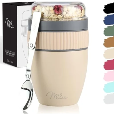 Abbildung von Milu Müslibecher to go 400ml MüsliMax I isolierter Edelstahl Joghurtbecher für Müsli auslaufsicherer Becher mit Löffel Yoghurt/Porridge (Beige)