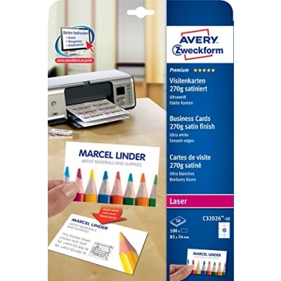 Abbildung von AVERY Zweckform C32026 10 Premium Visitenkarten, blanko (100 Stück, 270g, 85x54 mm, beidseitig bedruckbar, satiniert ultraweiß, absolut glatte Kanten, Blatt) zum Selbstbedrucken auf Laser Druckern