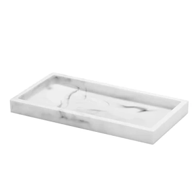 Abbildung von Luxspire Badezimmertablett aus Kunstharz, für Seife, Küchenspüle, Badezimmer, Arbeitsplatte, Schwämme, kleines Marmortablett, weißer Marmor, 20,3 x 10,2 cm