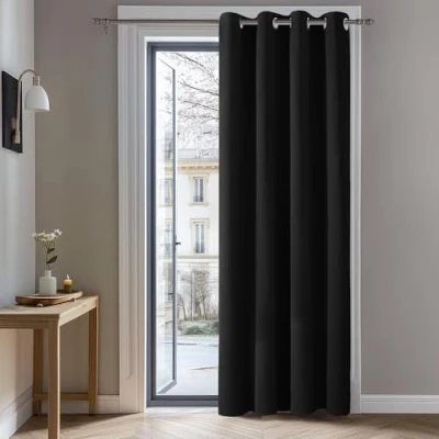 Abbildung von Deconovo Verdunkelungsvorhang mit Ösen Gardinen Schlafzimmer Ösenvorhang Blcikdich Dicke Thermogardine Kälteschutz warm Hitzeschutz, 214x132 cm(HöhexBreite), Schwarz, 1 Stück