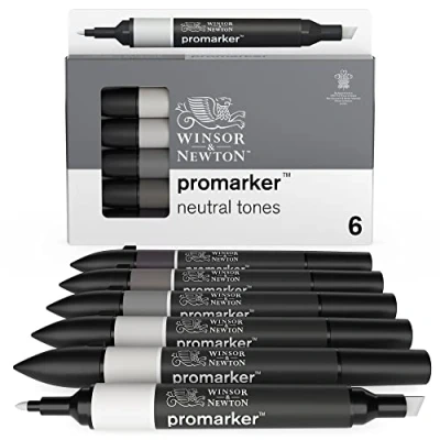 Abbildung von Winsor &amp; Newton 0290154 ProMarker, Professioneller Layoutmarker 2 Spitzen, fein und breit für Zeichnungen, Design Layouts 6 Farben Set Neutrale Töne
