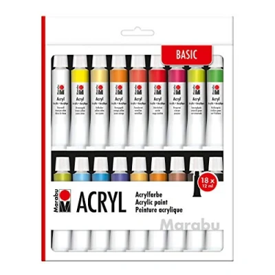 Abbildung von Marabu 1210000000202 Acrylfarbenset mit 18 Farben á 12 ml, deckende, matt glänzende Acrylfarben auf Wasserbasis, für Keilrahmen, Malkarton, Papier und Holz geeignet, schnell trocknend