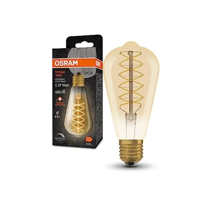 Abbildung von OSRAM Vintage 1906 LED Lampe mit Gold Tönung, 4,8W, 420lm, Edison Form 95mm Durchmesser &amp; E27 Sockel, warmweiße Lichtfarbe, spiralförmiges Filament, dimmbar, bis zu 15.000 Stunden Lebensdauer