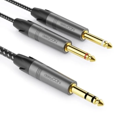 Abbildung von deleyCON 1m 6,3mm Klinke Stereo auf 2x Mono Kabel Insertkabel Y Audiokabel Splitter Digital Interface Instrument für Mixer, Audio Recorder, Gitarre, Verstärker, Mikrofon