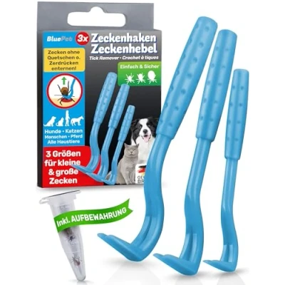 Abbildung von BluePet 3er Set Zeckenhaken für Hunde, Katze, Pferd &amp; Mensch Zeckenhebel als bewährter Zeckenentferner zur Zeckenzangen I Alternative zu Zeckenpinzette, Zeckendreher, Zeckenschutz Zeckenmittel