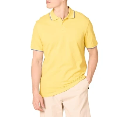 Abbildung von Amazon Essentials Herren Piqué Poloshirt aus Baumwolle, Schmale Passform, Gelb Thin Stripe, M