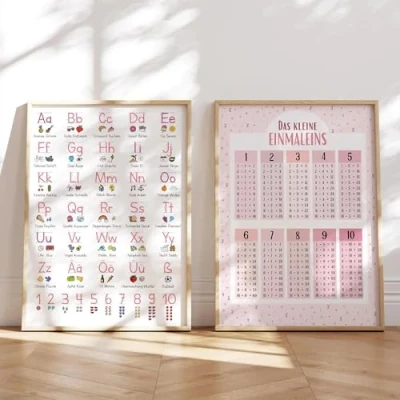 Abbildung von MeinBaby123® XL ABC Lernposter Grundschrift für Kinder DIN A2 1x1 Poster, Einmaleins Trainer 2er Set Kindergarten, Vorschule, Grundschule (2er rosa A2)