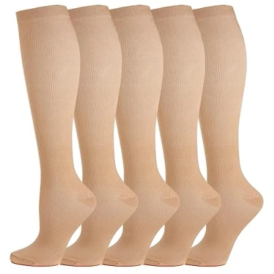 Abbildung von 5 Paar Kompressionsstrümpfe Kniestrümpfe Stützstrümpfe Laufsocken für Damen &amp; Herren, Sport, Laufen, Flug, Reisen, Schwangerschaft, Medizinische Kompressionssocken (L, Braun)