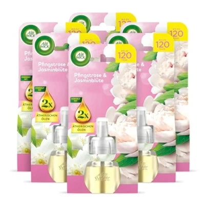 Abbildung von Air Wick Duftstecker Nachfüller Duft: Pfingstrose und Jasminblüte Floral fruchtiger Raumduft für die Steckdose 6x 19ml Duftölflakon