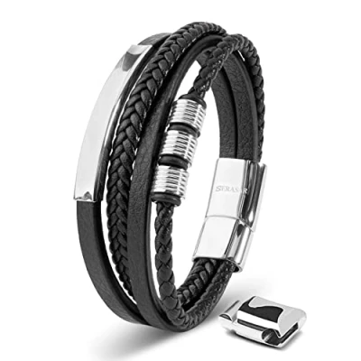 Abbildung von SERASAR Silber Armband 17cm Herrenarmband Männer Leder Armreif Herren Lederband Herrenarmreif Armschmuck Schmuck Armkette Flecht Wickelarmband Kette
