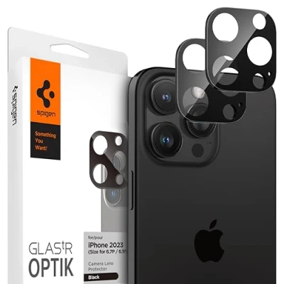 Abbildung von Spigen Glas.tR Optik Kameraschutz kompatibel mit iPhone 16 Pro/Pro Max, 15 14 2 Stück, Schwarz, Hüllenfreundlich, Anti Kratzer, 9H Härte Folie