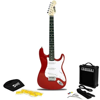 Abbildung von RockJam Full Size Electric Guitar Kit with 10 Watt Amp, Lessons, Strap, Gig Bag, Picks, Whammy, Lead and Spare Strings Red