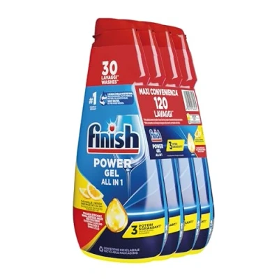 Abbildung von Finish Powergel Flüssigwaschmittel für die Spülmaschine, multifunktional, entfettende Wirkung, Zitronengel, 120 Waschgänge, 4 Packungen mit je 30 Wäschen
