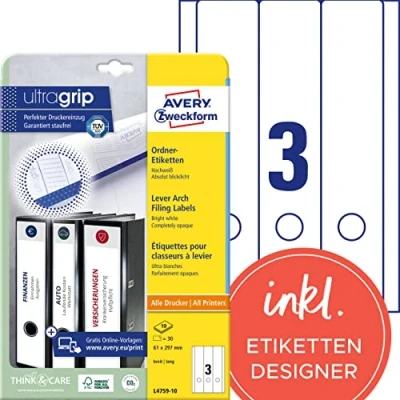Abbildung von AVERY Zweckform L4759 10 Ordnerrücken Etiketten (30 Rückenschilder mit ultragrip, 61x297mm auf A4, breit/lang, selbstklebend, absolut blickdicht, bedruckbare Ordneretiketten) Blatt, weiß