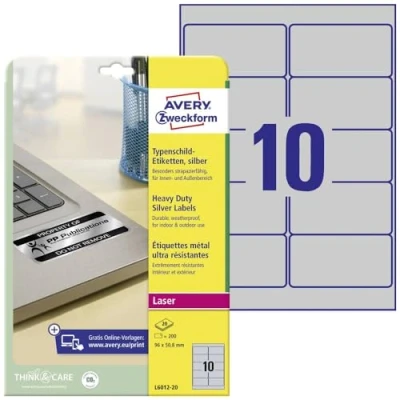 Abbildung von AVERY Zweckform L6012 20 Typenschild Folienetiketten (96x50,8 mm auf DIN A4, extrem stark selbstklebend, wetterfeste bedruckbare Klebefolie) 200 Aufkleber Blatt silber, Stück, 96 x 50,8