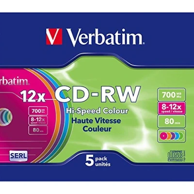 Abbildung von Verbatim CD RW 700 MB, 5er Pack Slim Case bunt, Rohlinge beschreibbar, 52 fache Brenngeschwindigkeit mit langer Lebensdauer, leere CDs, Audio Rohling rewritable, leer