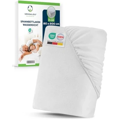 Abbildung von Sensalou Spannbettlaken Wasserdicht 80x200 cm 2er Pack Nässeschutz für Jugendbett und Einzelbett Atmungsaktiver Matratzenschutz Waschbar bei 95 C Geräuschloses Inkontinenz Rundumgummi Laken