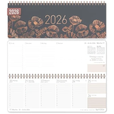 Abbildung von Häfft® Wochen Tischkalender 2026 quer &quot;Poppy&quot; 1 Woche 2 Seiten, Schreibtisch Kalender mit Sprüchen, Wochenkalender 29,7 x 11,6 cm nachhaltig &amp; klimafreundlich