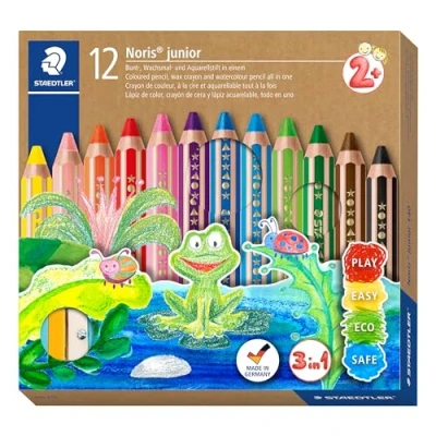 Abbildung von STAEDTLER 3in1 Buntstift Noris junior, Bunt , Wachsmal und Aquarellstift, extra bruchsicher, ideal für Kinder, viele Oberflächen, Kartonetui mit 12 Farben inkl. Spitzer, 140 C12