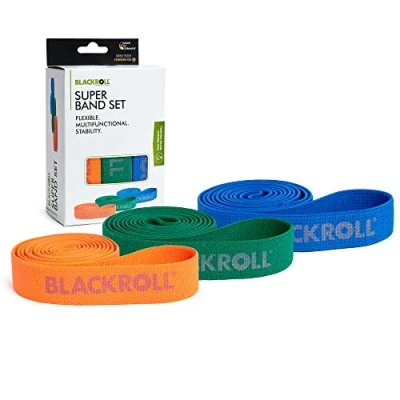 Abbildung von BLACKROLL® SUPER Band FITNESSBAND Set (3er), Gymnastikbänder zur Kräftigung der Muskeln, Flexible Widerstandsbänder in 3 Stärken: leicht (orange), mittel (grün) &amp; stark (blau), Made Germany