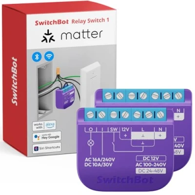 Abbildung von SwitchBot Wlan Schalter kompatibel mit Alexa/Apple Home/Google Home, Leistungsmessendes Relaisschaltmodul integriertem Bluetooth Repeater und Trockenkontakt, Wi Fi 2,4 GHz (Schalter 1), 16A, 2Pack