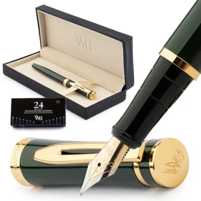 Abbildung von Wordsworth &amp; Black Füllfederhalter Set, feine 18 Karat Goldfeder, inklusive 24 Tintenpatronen, Kolbenkonverter und Geschenkbox, goldfarben, Kalligraphie, Grün