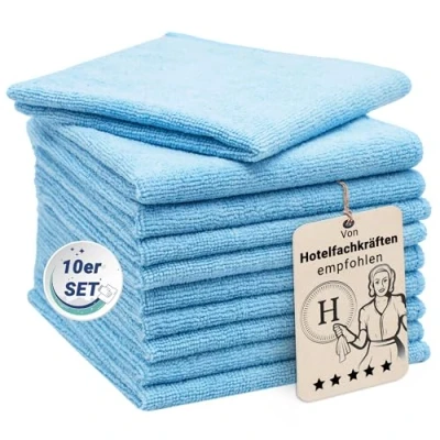 Abbildung von ZOLLNER 10er Set Mikrofasertücher für streifenfreien Glanz flusenfreie und saugstarke Reinigungstücher waschbar bis 60C 32x32cm in blau Hotelqualität