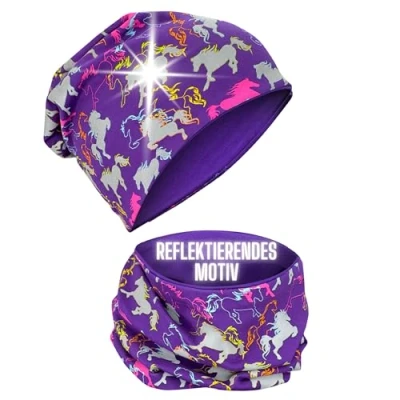 Abbildung von HECKBO 360 Reflektor Kinder Muetze Schlauchschal Set Pferd Bauernhof Jersey innen 95% Baumwolle Mädchen Beanies 48 54