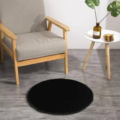 Abbildung von Teppich Wölkchen Fell Rund, Fellteppich Kunstfell Waschbar, Hasenfell, Kaninchenfell Sitzkissen Stuhlkissen Rund,Fell für Stühle, Stuhlauflage Schwarz Rund 45cm