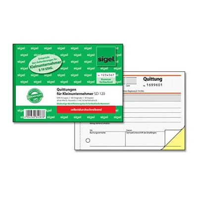 Abbildung von SIGEL SD120 Quittungsblock für Kleinunternehmer, fortlaufend nummeriert, eindeutige 7stellige Nummer, A6 quer, 2x30 Blatt, selbstdurchschreibend, aus nachhaltigem Papier