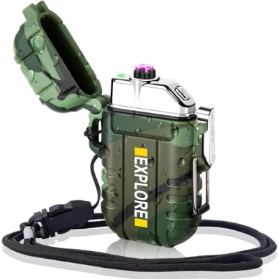 Abbildung von LcFun Lichtbogen USB Feuerzeug Elektrisch, Wasserdicht Winddicht Wiederaufladbar, Plasma Lighter mit Notfall Pfeife für Camping, Survival Taktische überlebensausrüstung (Tarnung)