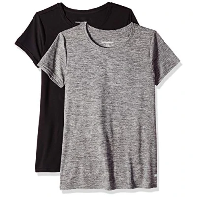 Abbildung von Amazon Essentials Damen Kurzärmliges Tech Stretch T Shirt mit Rundhalsausschnitt (in Übergröße erhältlich), 2er Pack, Kohlegrau Space dye/Schwarz, M