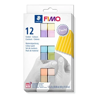 Abbildung von STAEDTLER ofenhärtende Modelliermasse FIMO soft in Pastell Farben, weich und geschmeidig, speziell für Einsteiger Hobbykünstler, 12 Halbblöcke á 25g sortierten Farben