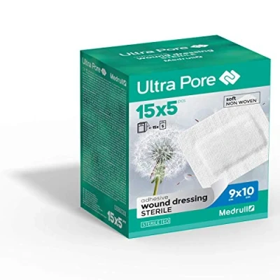 Abbildung von Medrull Steriler Wundverband 10x9 cm Ultra Pore Sterile Wundpflaster Starke Klebekraft Schützt bei Schnittwunden &amp; Kratzern Einzeln verpackt 75 Stück