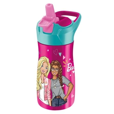 Abbildung von Maped PICNIK Edelstahl Trinkflasche Barbie 430 ml Automatisches Strohhalmsystem, mit Verriegelungsknopf Tragegriff offizielle Lizenz