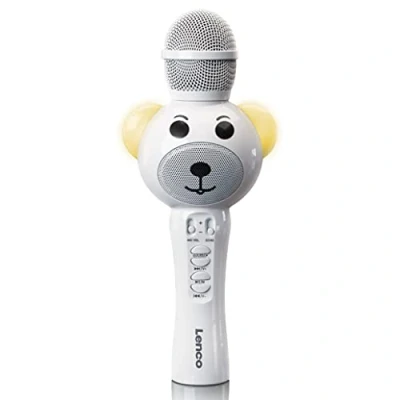 Abbildung von Lenco BMC 060 Karaoke Mikrofon für Kinder Bluetooth V5.0 mit Smartphone Halterung 5 Watt RMS LED Lichteffekte integrierter Akku 1200mAh Android und iOS Weiß