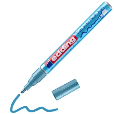 Abbildung von edding 751 Glanzlackmarker hell blau metallic 1 Lackmarker Rundspitze 2 mm Lackstift für Glas, Stein, Holz, Kunststoff und Papier wasserfest, stark deckend