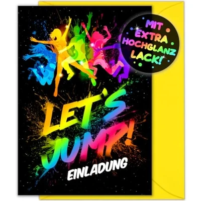 Abbildung von VULAVA 12x Jump PARTY EINLADUNGSKARTEN KINDERGEBURTSTAG Junge Mädchen + Umschläge die Karten sind Trampolin Einladung für Jungen Kinder GEBURTSTAG House HÜPFBURG