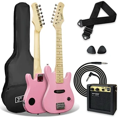 Abbildung von 3rd Avenue E Gitarrenset für Kinder in 1/4 Größe, Junior Gitarre Anfänger mit 6 Monate KOSTENLOSEM Unterricht, tragbarem Verstärker 5 W, Kabel, Tasche, Plektren und Gurt Pink