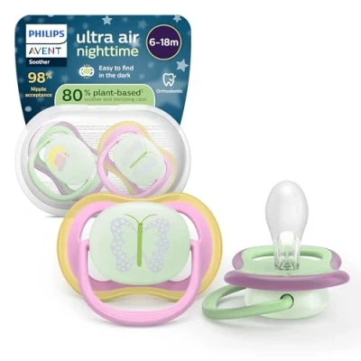 Abbildung von Philips Avent ultra air Nighttime Schnuller kiefergerecht geformtes Design, für Babys von 618 Monaten, leuchtet im Dunkeln, weicher, symmetrischer Silikonsauger, BPA frei, 2er Pack, SCF376/29