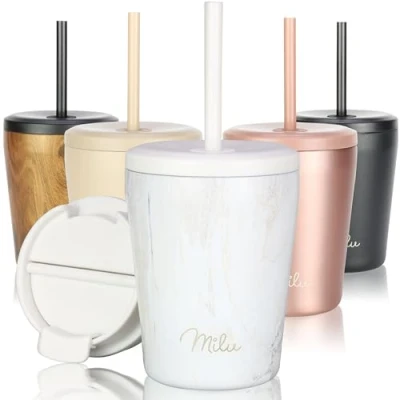 Abbildung von Milu Thermobecher 300ml 100% Auslaufsicher Edelstahl Kaffeebecher to go isoliert mit Strohhalm hält 10h heiß / 20h kalt, BPA frei (Pink Marble, 300ml)