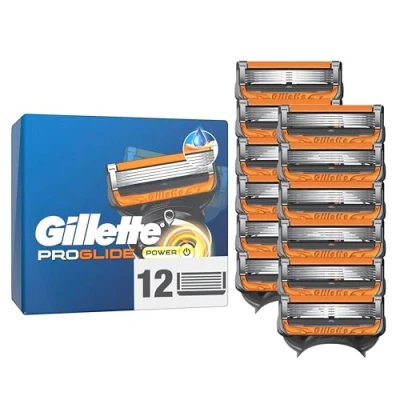Abbildung von Gillette Fusion5 Proglide Power 12 Ersatzklingen mit 2x Gleitstreifen vor und nach den Klingen neuer EverGlide für unglaubliche Gründlichkeit Komfort