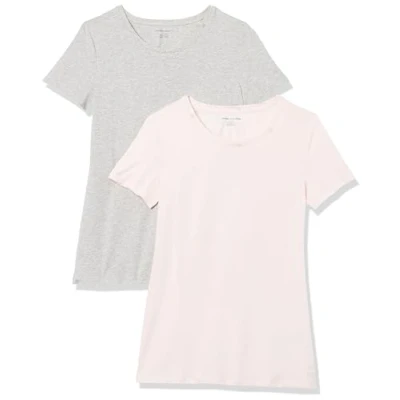 Abbildung von Amazon Essentials Damen T Shirt mit kurzen Ärmeln und Rundhalsausschnitt in normaler Passform, 2er Pack, Hellgrau Meliert/Hellrosa, XL