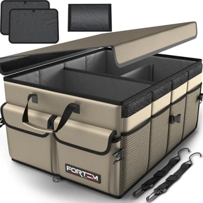 Abbildung von FORTEM Kofferraum Organizer, Kofferraumtasche, Zusammenklappbarer Auto Organizer mit Fächern, Rutschfester Boden, Verstellbare Sicherungsriemen, Klappbarer Deckel (Bräunen, Standard)