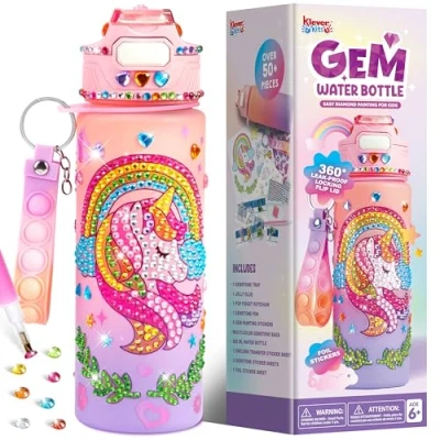 Abbildung von Klever Kits Wasserflaschen zum Bastelset mit für Kinder,Geschenk Mädchen 6 12 Jahre,DIY Trinkflasche Wasserflasche Einhorn Basteln,Kreativ Diamond Painting Geburtstag Geschenk